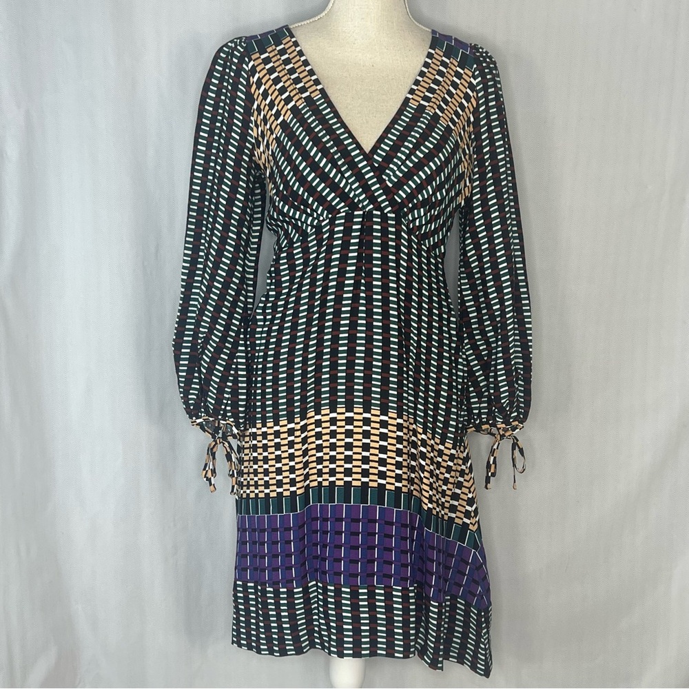 Anthropologie Maeve Gianna Dress V Neck Black & Purple Geometric EUC 0P👍